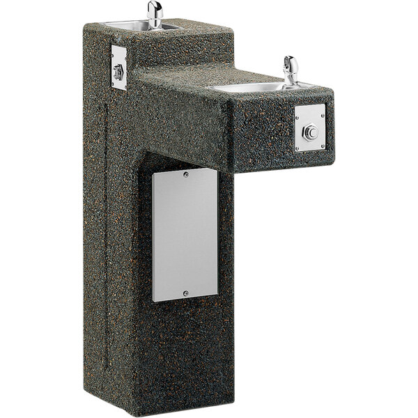 An Elkay stone outdoor drinking fountain with two taps.