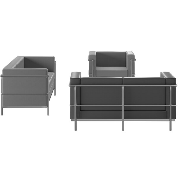 A group of Flash Furniture Hercules Regal gray leather reception chairs and couches.