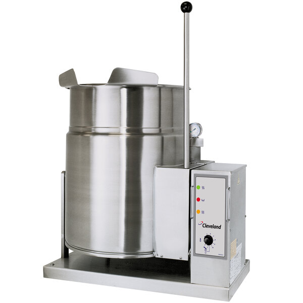 A Cleveland liquid propane steam kettle with a tilting stainless steel container.