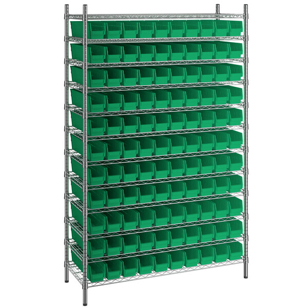 Regency 18" x 48" x 74" Wire Shelving Unit with 110 Green Bins