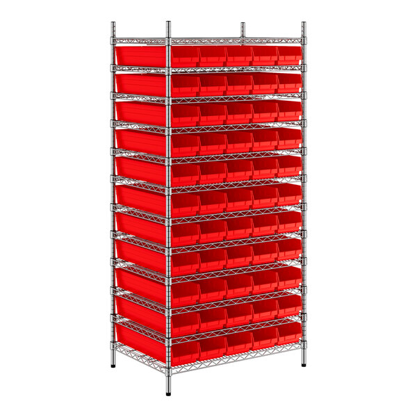 Regency 24" x 36" x 74" Wire Shelving Unit with 55 Red Bins
