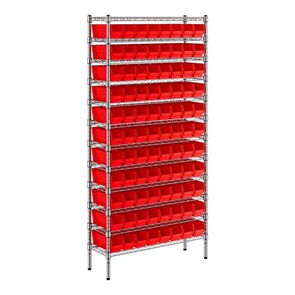 Regency 12" x 36" x 74" Wire Shelving Unit with 88 Red Bins
