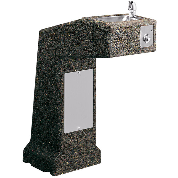 An Elkay black granite pedestal drinking fountain with a water dispenser.