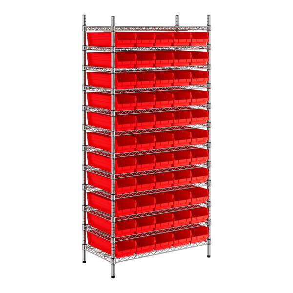 Regency 18" x 36" x 74" Wire Shelving Unit with 55 Red Bins