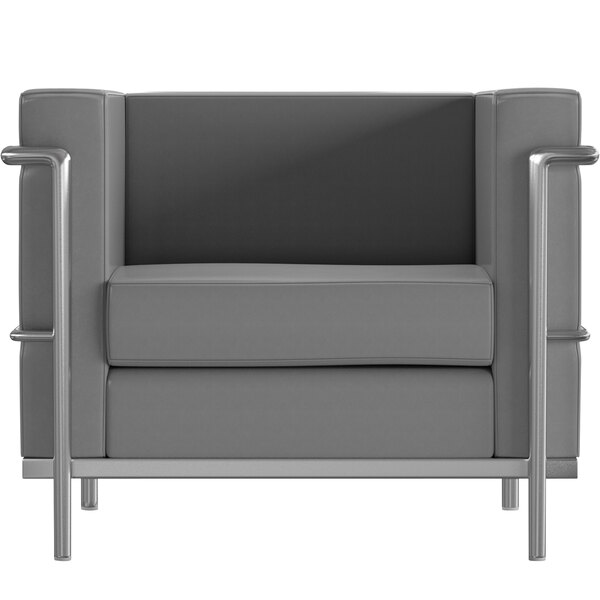 A Flash Furniture grey leather chair with metal legs.