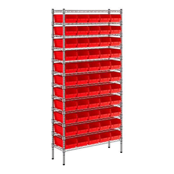 Regency 12" x 36" x 74" Wire Shelving Unit with 55 Red Bins
