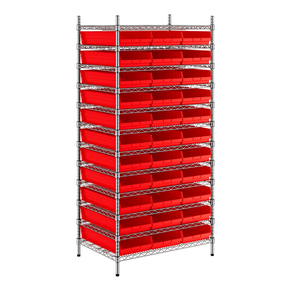 Regency 24" x 36" x 74" Wire Shelving Unit with 33 Red Bins