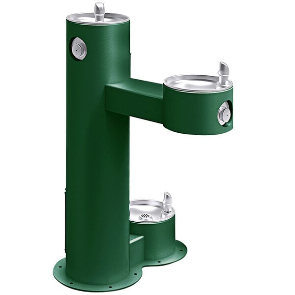 A green drinking fountain with two silver handles.