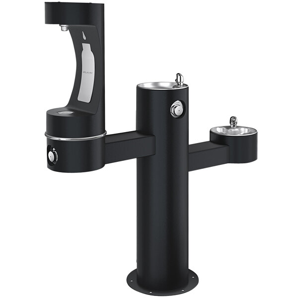 An Elkay black water fountain with two drinking fountains on a middle pedestal.