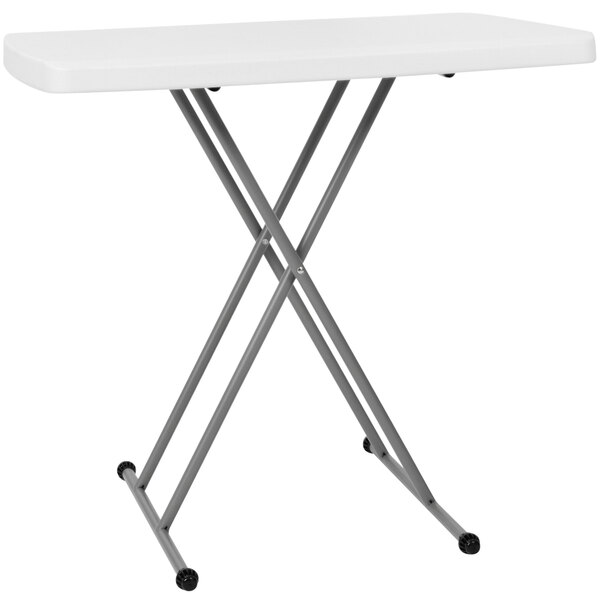 A white rectangular Flash Furniture plastic folding table with metal legs.