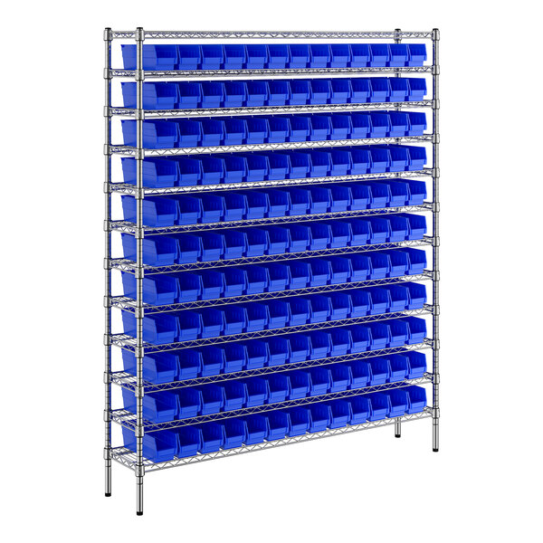 Regency 12" x 60" x 74" Wire Shelving Unit with 143 Blue Bins