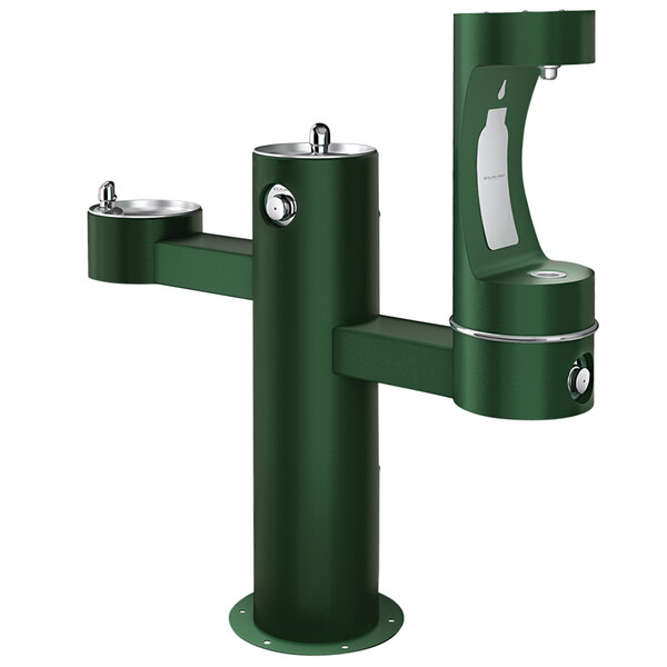 An Elkay green outdoor water fountain with two water dispensers on a white pedestal.