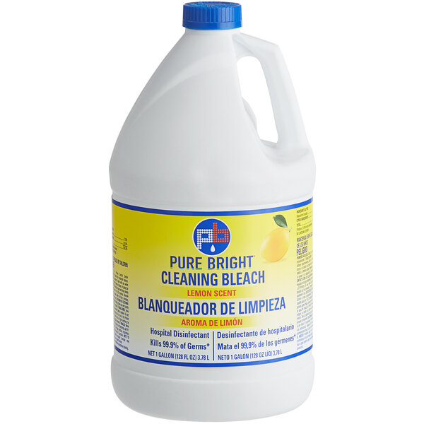 A white jug of Pure Bright lemon scented bleach with a blue and yellow label.