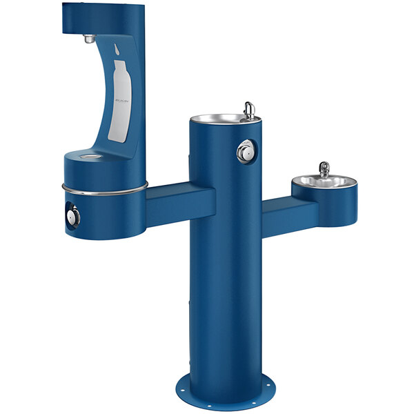 An Elkay blue outdoor tri-level drinking fountain with two taps over a white background.