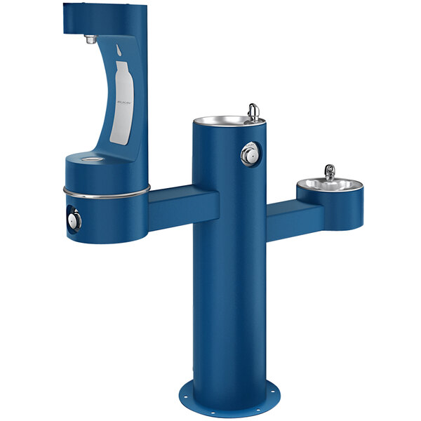 An Elkay blue outdoor tri-level pedestal drinking fountain with two taps.
