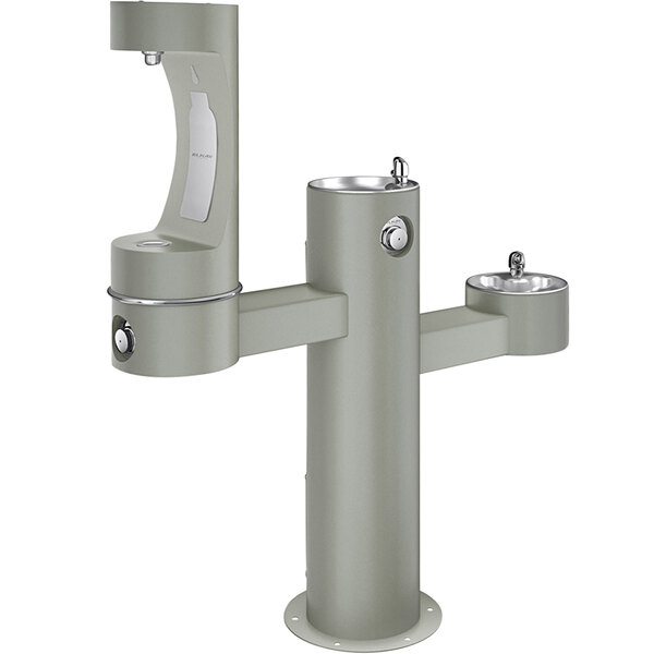 An Elkay gray outdoor tri-level drinking fountain with two fountains and a water dispenser.