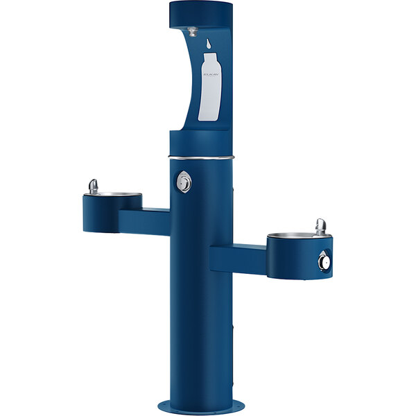 An Elkay blue outdoor tri-level drinking fountain with two taps.