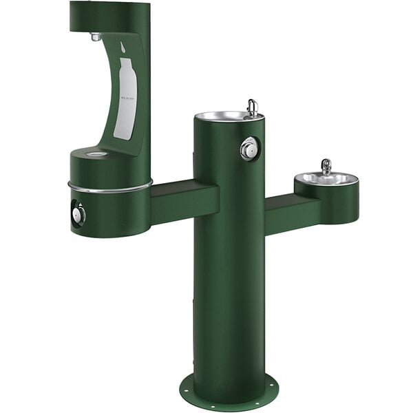 An Elkay Evergreen outdoor tri-level pedestal drinking fountain with two faucets.