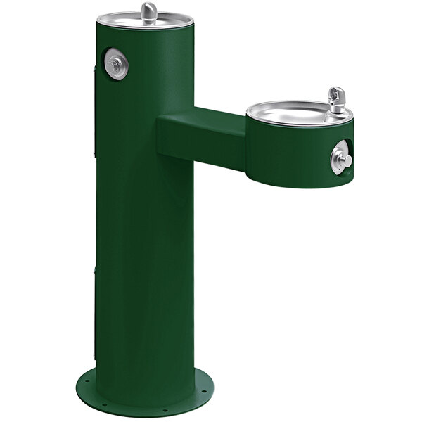 An Evergreen Elkay bi-level drinking fountain with silver spouts and handles.