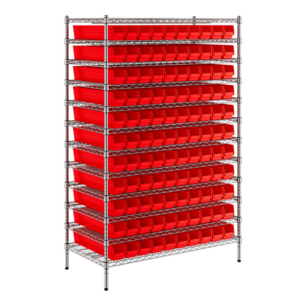 Regency 24" x 48" x 74" Wire Shelving Unit with 110 Red Bins