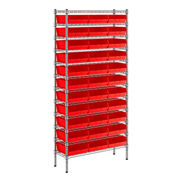 Regency 12" x 36" x 74" Wire Shelving Unit with 33 Red Bins