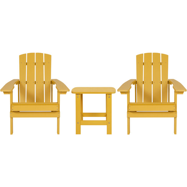 Two yellow Adirondack chairs and a table by Flash Furniture.