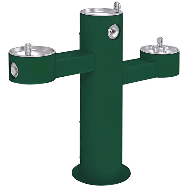 An Evergreen metal Elkay outdoor tri-level drinking fountain with three fountains.