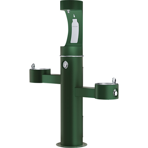 An Elkay green outdoor drinking fountain with two water dispensers.