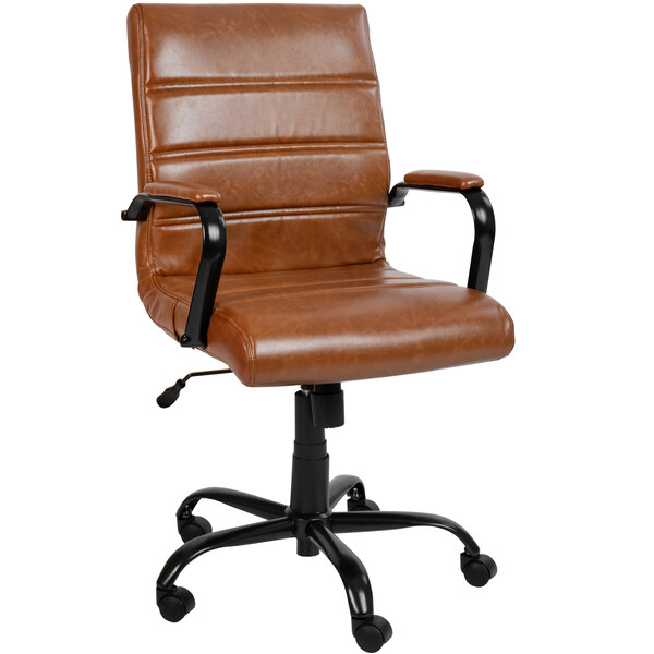 A Flash Furniture brown leather office chair with black arms and wheels.