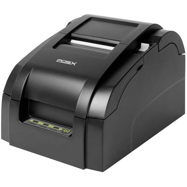 A black POS-X EVO Impact Receipt Printer with a green label.