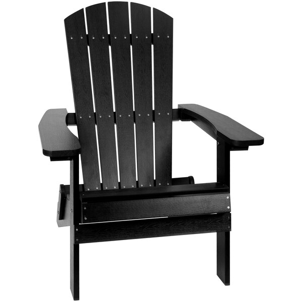 A black Flash Furniture Charlestown folding Adirondack chair with wooden accents and armrests.