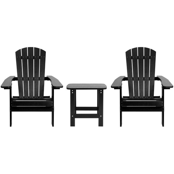 Two black Flash Furniture faux wood Adirondack chairs with a table.