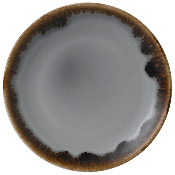 A Dudson Harvest grey china plate with a brown rim.