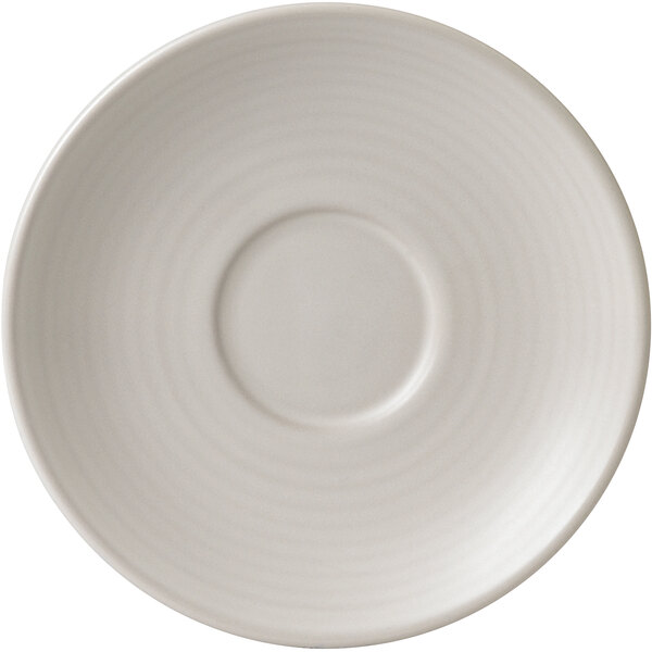 A Dudson Matte Pearl stoneware saucer with a circular pattern on the rim.