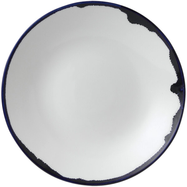 A white plate with a blue and black circle.