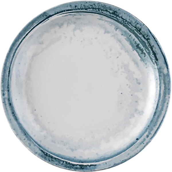 A white Dudson Maker's Finca china plate with a gray rim.