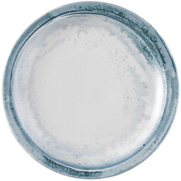 A white plate with a white rim and blue spots on the edge.
