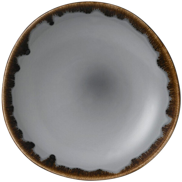 A Dudson Harvest grey china bowl with a brown rim.