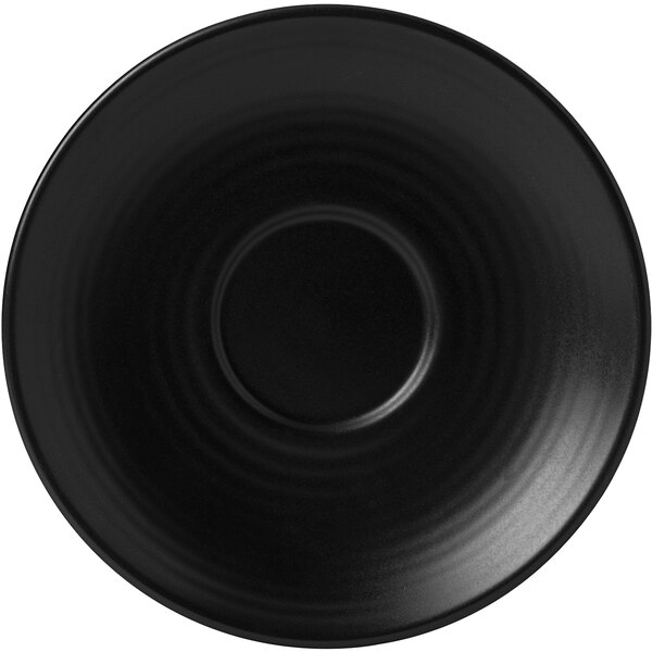 A matte black Dudson Evo stoneware saucer with a black circle inside a white circle.