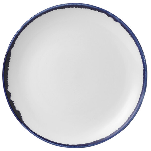 A Dudson Harvest china plate with a blue rim.