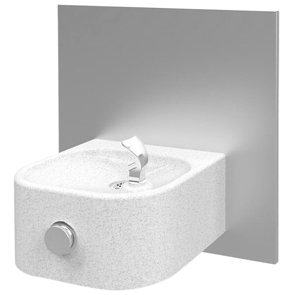 A white wall mounted Halsey Taylor drinking fountain with a stainless steel panel.
