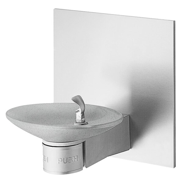 A gray wall-mounted oval drinking fountain with a stainless steel basin.