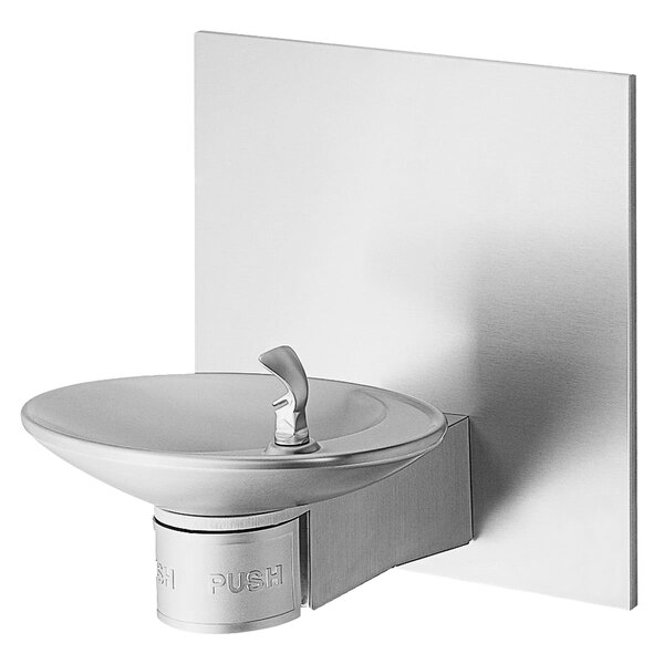 A stainless steel Halsey Taylor oval drinking fountain with a push button.