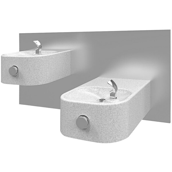A white Halsey Taylor drinking fountain with stainless steel basins and frame.