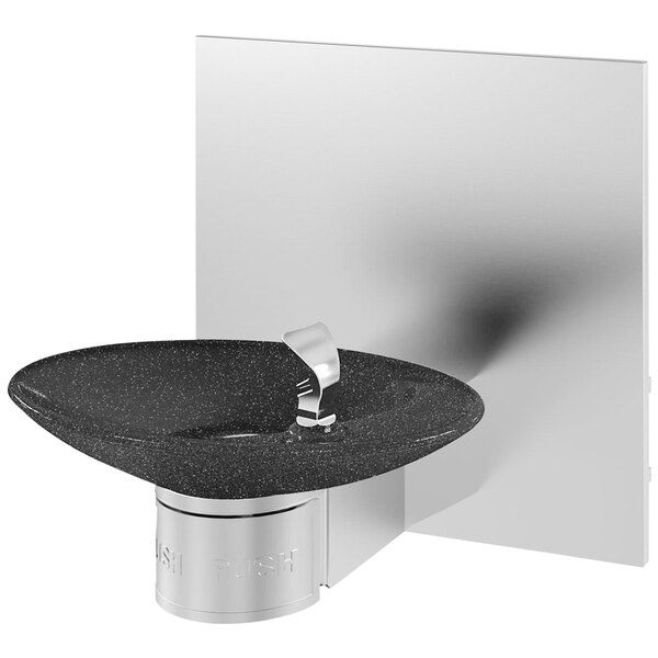 A black wall mount drinking fountain with a black and silver surface.
