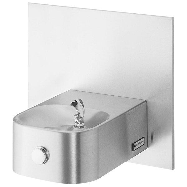 A stainless steel Halsey Taylor wall mount drinking fountain with a silver handle.