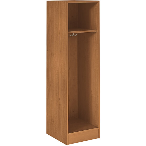 A medium cherry wooden single storage locker with a shelf.