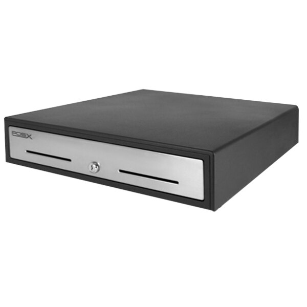 A black and silver rectangular POS-X ION cash drawer with a key slot.