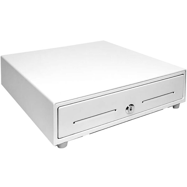 A white rectangular Star printer driven cash drawer with a lock.