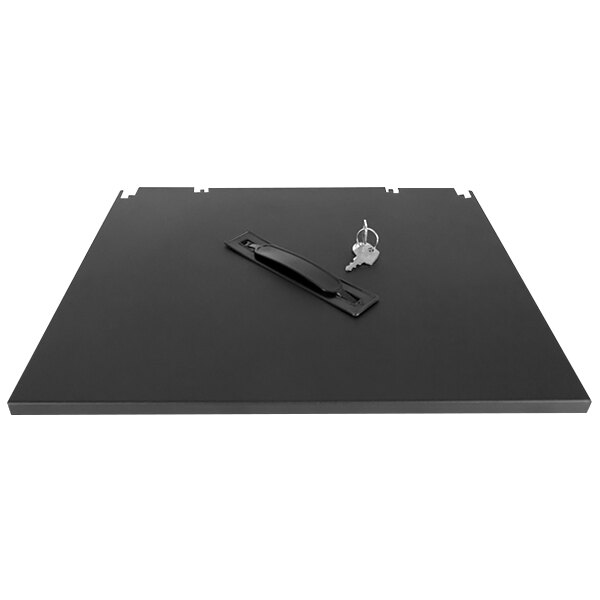 A black rectangular metal cover with a black handle and key.
